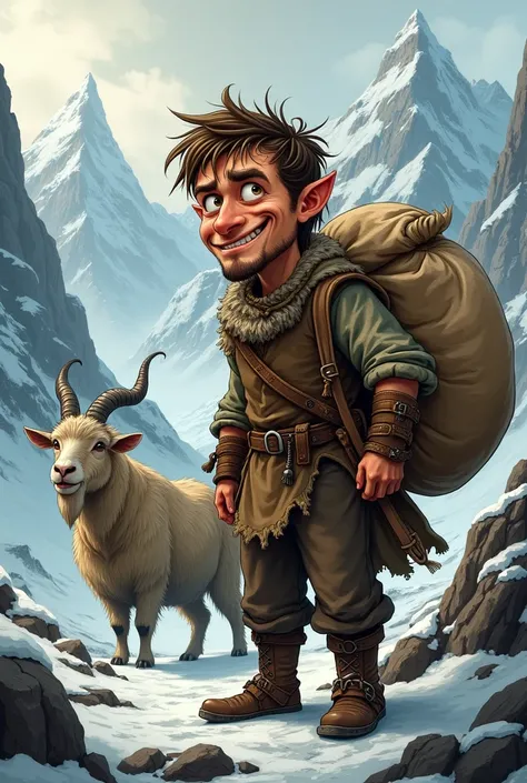 stupid looking young medieval north man with a bag, a goat in the background, mountains. 