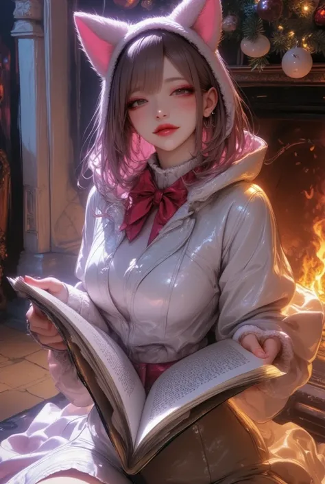 Cat ears、white thick turtleneck 、 beige fluffy flared skirt、reading、  attractive,  pretty girl, ((  fine facial features , makeup、 eroticism)),  Dramatic Lighting  ,  realistic , 8k, Cinematic Composition , dark moody vibe ,  Dramatic Shadows ,  intricate ...