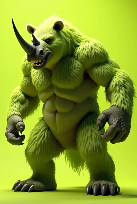 Photo realistic, cinematic, hybrid anthropomorphic monster
 bear with rhino, solid lime green background, background
solid chromakey. Furious, nervous. Camera focus is Full Body,
standing