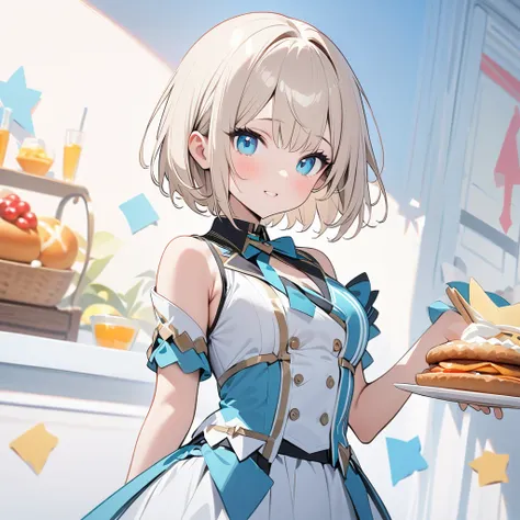 Anime、 top quality、 top quality、 Ultra Detailed、(  masterpieces during breakfast :1.2)、4K,8k, short bob from behind、 one girl、 white beige hair 、(Aquamarine Eyes:0.8), Oblique Eyes 、 idol style costume based on white and light blue、Slightly larger costume ...