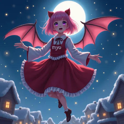 Name is（Nazuna）。Dracula has the letters 。 she is flying through the Christmas night sky。 her hair is pink with bob hair 。On clothes（myo） written on it 。 has a cute face and is liked by everyone 。 has a heart that is second to none 。I like alcohol。