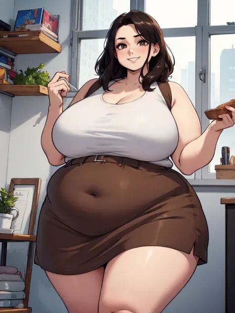 (masterpiece, best quality), 1femboy, dark hair, brown eyes, pale skin, wearing a dress, obese, Chubby Face, Plump, Fat, Fat Rolls, looking at viewer, smiling, indoors, city
