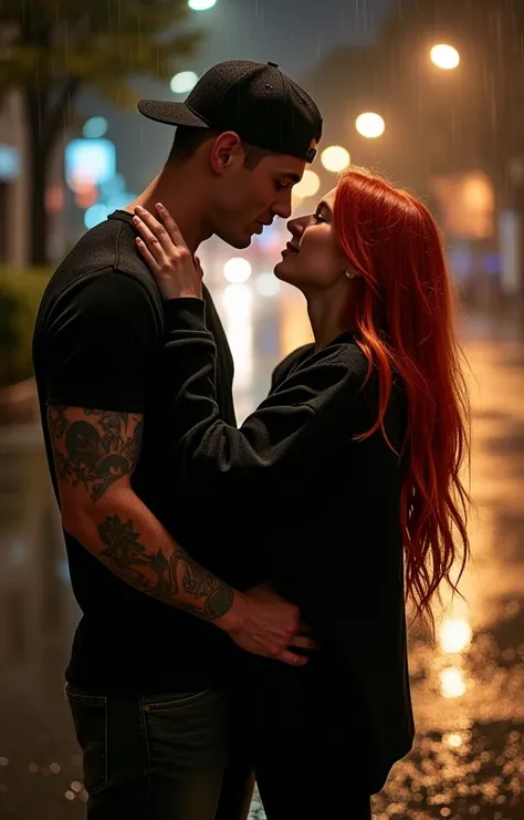 The image depicts a romantic scene of a young univeristy couple standing on a rain-soaked street at night, illuminated by streetlights. The man, tall and athletic, is wearing a black t-shirt and a black cap. His muscular arm features a detailed tattoo, and...