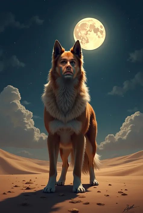 Parji dog in the desert at night next to the moon and clouds with a very nice environment