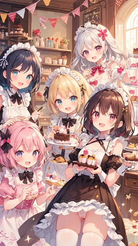 nsfw,4+ girls, multiple colored hairs, remove sweet maids, random cute faces, super happy smiling, open mouth, group shot, zoom camera, sweet tea party, lots of cakes, macarons, chocolates, parfaits, cookies, land of sweets