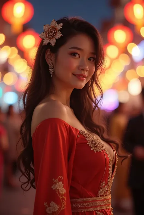 A 35-year-old Thai-Chinese woman, 1 person, 35 years old, fair skin, plump, huggable, charming, small waist, big hips and breasts, has a very beautiful and sexy curvy figure, captivating mens eyes, beautiful like an angel, wearing a Thai dress, standing an...