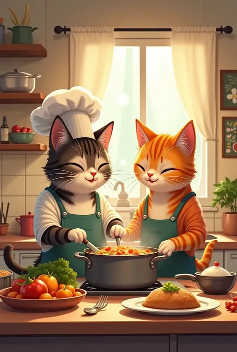 A cat and a cat cook for their family