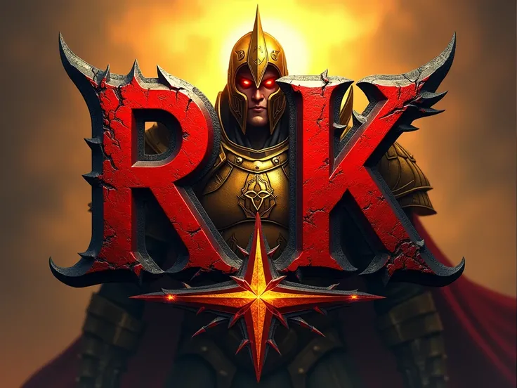  Create an epic logo inspired by an action and fantasy game example Rakion by Softnix .  The main letters are RK ,  in an intense red color with cracks that give them an aged finish and black edges with sharp tips,  evoking strength and energy . in the bac...