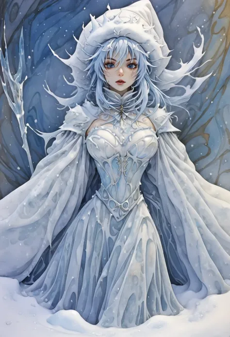 Female Ice gollom/ snow-woman. In the style of Brian Froud.