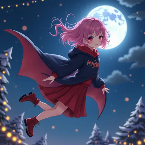 Name is（Nazuna）。Dracula has the letters 。 she is flying through the Christmas night sky。 her hair is pink with bob hair 。On clothes（myo） written on it 。 has a cute face and is liked by everyone 。 has a heart that is second to none 。I like alcohol。