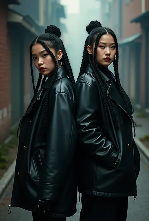 A photo of two beautiful korean woman chubby, fat face, fat woman, and face facing at the camera with long tied up dreadlocks. they are wearing a black leather coat, black leather gloves, black pants, standing pose has an elegant and scary presence. ultra-...