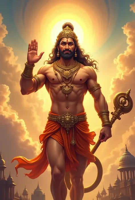 Here’s a detailed prompt to create an image of Hanuman:

Prompt:
"A majestic depiction of Lord Hanuman, the Hindu deity, shown in a heroic and divine stance. Hanuman is depicted with his traditional muscular physique, golden ornaments, and a glowing aura. ...