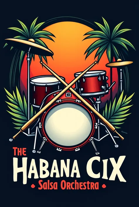 Logo for salsa orchestra where the timpani and drumsticks stand out called HABANA CIX 