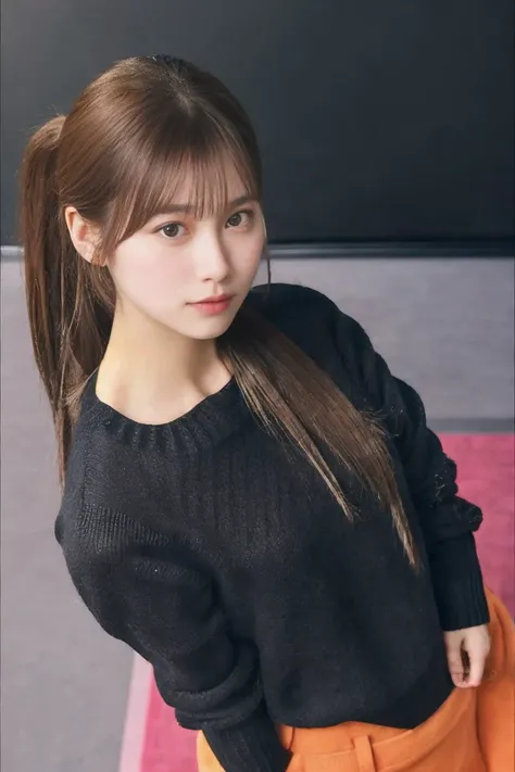 (1 fair-skinned, slender girl :1.2)
( brown hair ponytail)
(((from above:1.2)))
(((Upper body shot:1.2)))
(Black sweater)
(TV show studio:1.5)
 