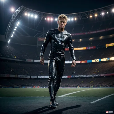  A hyper-realistic image of Neymar. wearing the pantera negra suit from Marvels MCU, with a full-body depiction. The scene is set in the middle of a football field at night, illuminated by the intense glow of the stadium floodlights.