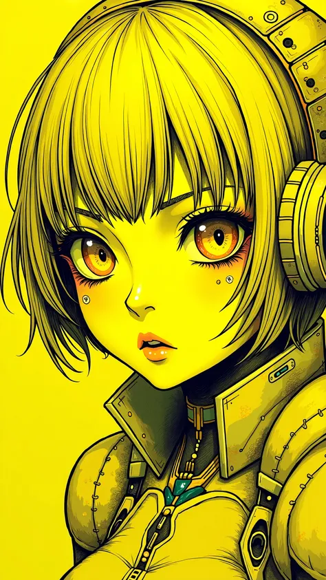 ((best quality)), ((masterpiece)), (detailed), perfect face of cyberpunk mecha japanese girl, neon yellow eyes, neon yellow body, neon yellow hair, ((monochromatic neon yellow color palette)), surreal, art nouveau, in the illustrative style of moebius, spa...