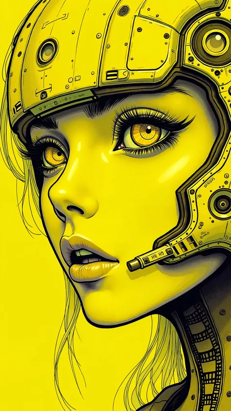 ((best quality)), ((masterpiece)), (detailed), perfect face of cyberpunk mecha japanese girl, neon yellow eyes, neon yellow body, neon yellow hair, ((monochromatic neon yellow color palette)), surreal, art nouveau, in the illustrative style of moebius, spa...