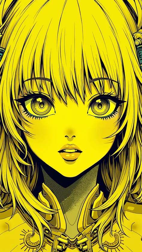 ((best quality)), ((masterpiece)), (detailed), perfect face of cyberpunk mecha japanese girl, neon yellow eyes, neon yellow body, neon yellow hair, ((monochromatic neon yellow color palette)), surreal, art nouveau, in the illustrative style of moebius, spa...