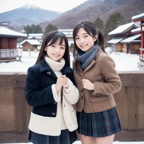 Close view of Two happy Japanese girl friends wearing a jackets and skirt, standing and posing in Japanese winter village.