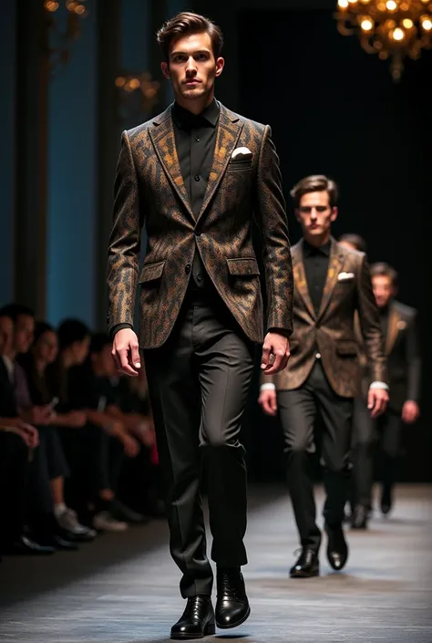 Create luxury  men suits with poker fashion design  elements in runway 