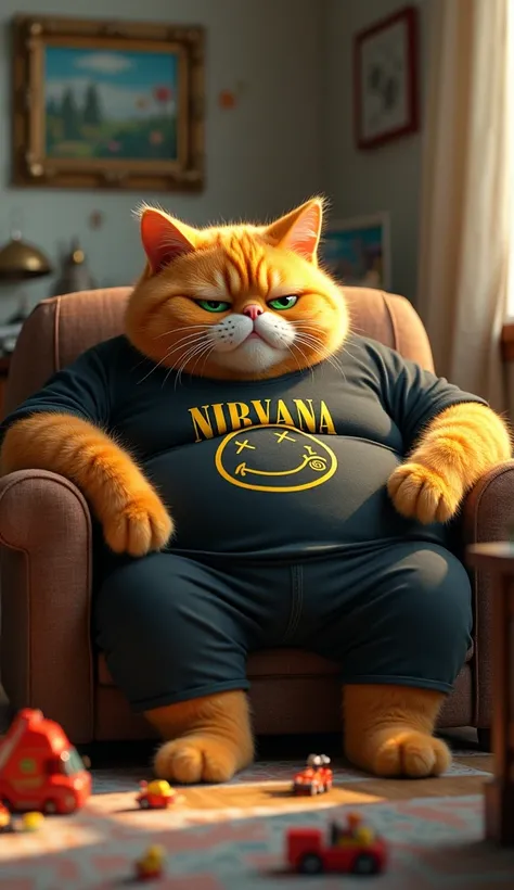 (photorealism: 1.2),  an anthropomorphic orange hairy fat male cat father with expressive green eyes, black t-shirt with nirvana ,  black trousers .  seen falling asleep on the sofa of the house .  The background is inside a very messy house , there are lo...