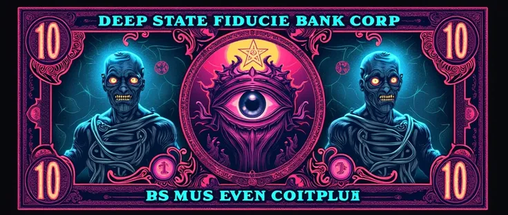 Billet de banque ultra flippant avec écrit "100 Deep State Fiducie Bank Corp      777       Mr Shu Collection" avec gravures psychédélique  dœil de la providence et démons   style filigrane fluorescent sataniste phosphorescent néon ultra réaliste en 2 coul...