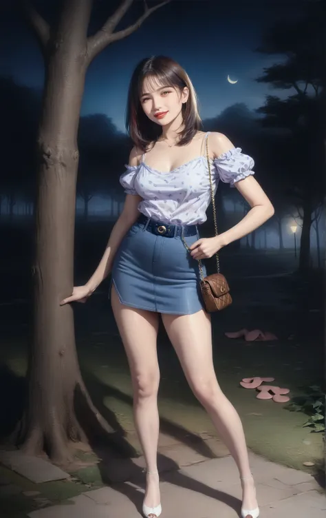 adorable young woman, standing posed,  at night, leaning against tree (+forehead, shoulder-length hair, black hair), white blouse (short puff sleeves, cold shoulder sleeves, semi-square neck), dark-blue denim pencil mini skirt, white heels, crossbody bag, ...