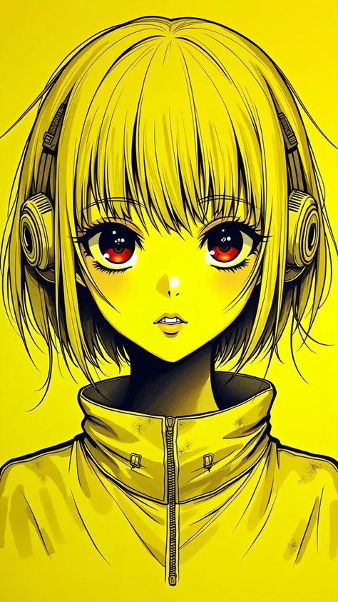 ((best quality)), ((masterpiece)), (detailed), perfect face of cyberpunk mecha japanese girl, neon yellow eyes, neon yellow body, neon yellow hair, ((monochromatic neon yellow color palette)), surreal, art nouveau, in the illustrative style of moebius, spa...