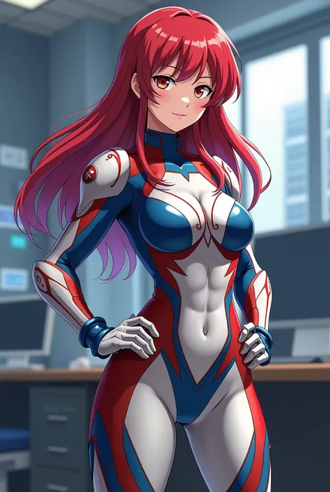     My Hero Academia style  ,    anime girl   , woman, young woman ,    full body shot  ,( Combat Stance :1.3),  long hair, Red Hair,    Brown Eyes  ,  hero suit, Full Body Suit, Red and blue details on a silver suit ,    PERFECT ANATOMY   ,  Reinforced AB...