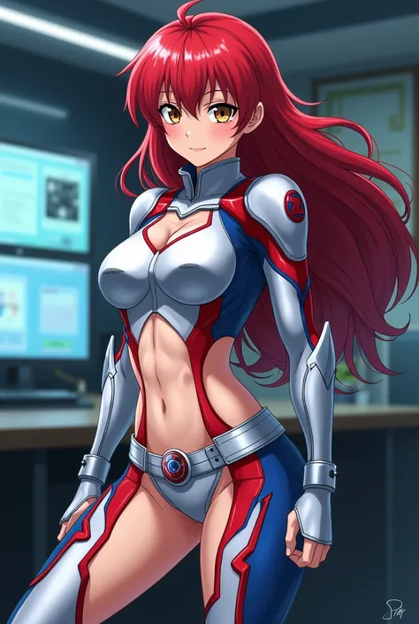     My Hero Academia style  ,    anime girl   , woman, young woman ,    full body shot  ,( Combat Stance :1.3),  long hair, Red Hair,    Brown Eyes  ,  hero suit, Full Body Suit, Red and blue details on a silver suit ,    PERFECT ANATOMY   ,  Reinforced AB...