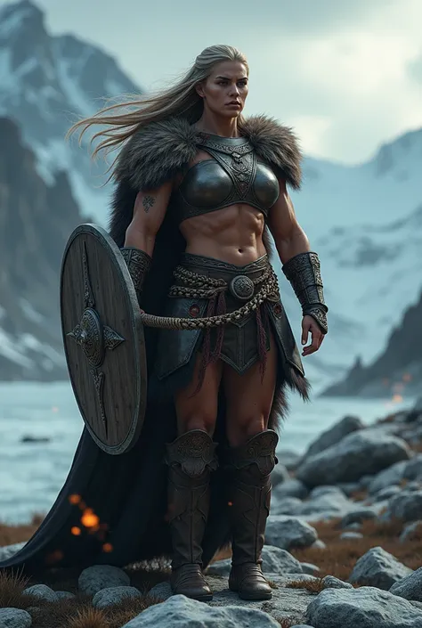 Create a photorealistic image of a tall, muscular, and powerful Nordic woman from Skyrim. Her physique is incredibly muscular, with large, ultra-defined muscles that showcase her immense power. She is lying in a bed with an imposing expression. She has bro...