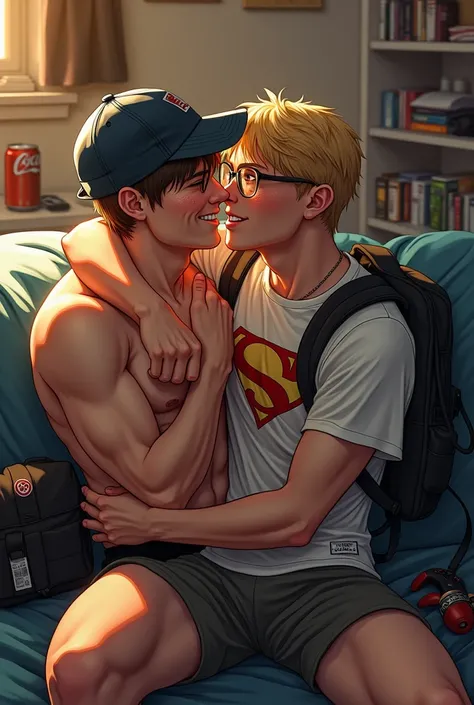 super realism, Young man,  short brown hair , gray eyes,freckles,smile, cap, black underwear,high,smile apaixonado,  sitting on couch  Colo,Another young man blond nerd short ,  eyeglasses hero t-shirt without naked underwear,backpack,hugging,kiss,messy ro...