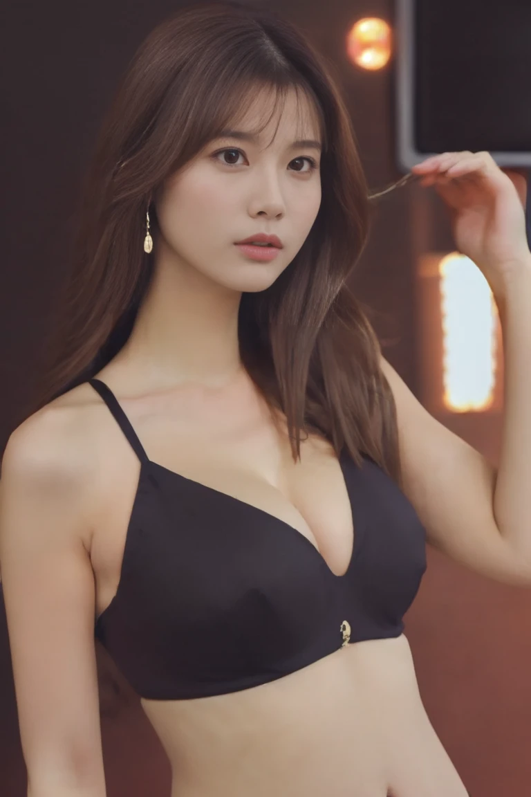 ((((1 fair-skinned big breasted girl :1.2))))
(Brown hair long straight)
(((from above:1.2)))
(((Upper Body:1.2, front shot:1.4)))
(((black cleavage string bikini 1.2)))
(TV show studio:1.5)
 