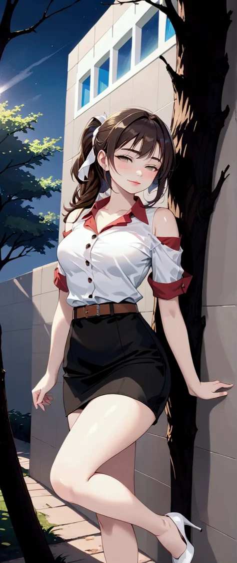 adorable young woman, standing posed, at night, leaning against tree (+forehead, brown hair, shoulder-length hair, half up half down), white shirt (short sleeves, cold shoulder sleeves, collared shirt, unbuttoned top shirt), black pencil mini skirt with br...