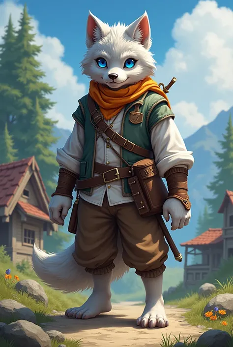 masterpiece,best quality,ultra-detailed,high resolution,extremely detailed,solo,fantasy,wolf beastman,boy, boy,(straight, shorthair),blue eyes,cute face,furry,grey fur,fluffy neck hair,(adventure clothes, brown), barefoot, ultra-detailed fur,( five-fingere...