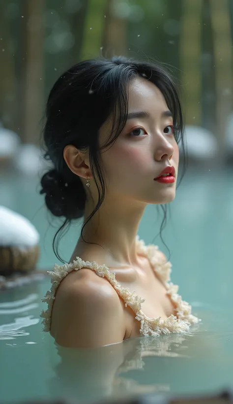 Japanese beautiful classy  lady, narrow face, See here, red lips, slim figure with a slender waist, bathing in a deep  hot springs  by bamboo forest, Soak up to the shoulders in the deep hot springs, Wearring beige Bath clothes, (best quality, masterpiece:...