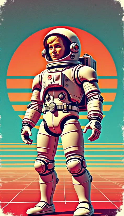  illustration,  a close up of a toy astronaut wearing a space suit,  7 0 vintage scifi style  , 70s retro scifi art ,  retro sci-fi  art,  retro sci-fi , 70s  retro sci-fi ,  retro sci-fi ,  retro sci-fi , Retro 1 9 6 0 S Sci - Fi Art, retro scifi,  futuri...