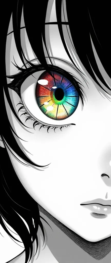 Black and white girl, Eyes are cosmic colors、Very colorful with many colors with very smooth gradients,Eye close-up,Monotone Japanese manga style