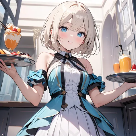 Anime、 top quality、 top quality、 Ultra Detailed、(  masterpieces during breakfast :1.2)、4K,8k, short bob from behind、 one girl、 white beige hair 、(Aquamarine Eyes:0.8), Oblique Eyes 、 idol style costume based on white and light blue、Slightly larger costume ...