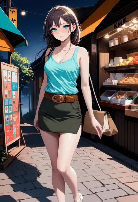 adorable young woman, walking along a night market (+forehead, dark-brown hair, shoulder-length hair), light-aqua top, dark-green pencil mini skirt with brown belt, white heels, BREAK, (1girl, solo, full body), (best quality,4k,8k,highres,masterpiece:1.2),...