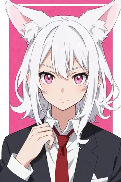  an anime character,  ears with white hair, pink eyes, high school clothes with red details, facing the screen