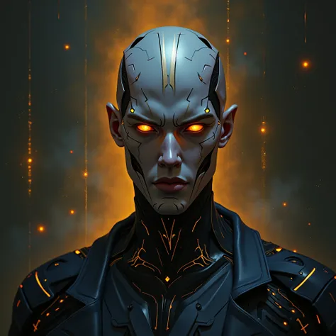 Digital paintjng of a male futuristic humanoid avatar, featuring glowing cybernetic enhancements, sleek metallic facial details, and neon accents, gazing directly at the viewer with intense, vibrant eyes, set against a soft, abstract background with a grad...