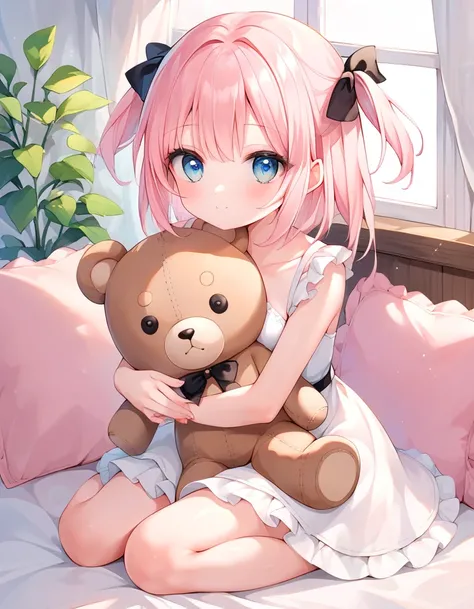 score_9, score_8_up, score_7_up, source_anime, 1girl, on bed, hugging teddy bear, light pink hair, two side up, black ribbon, sitting, white dress, frills, cute,niña sumisa