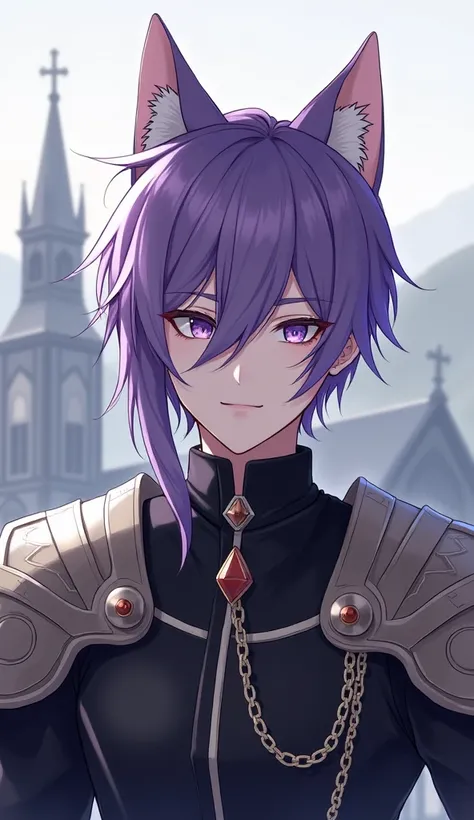 Illustration　Purple HAIR mesh MAN AND BLACK SHIRT IMAGES,  Final Fantasy 14 FF14 Heavensward, FF14, miqote, 1 boy,Cat ears,Dragoon,Illustration,SHORT HAIR SIDE SHORT ,armor, Ishgard in Soten, Church in the background of the upper body 前髪　One eye is hidden