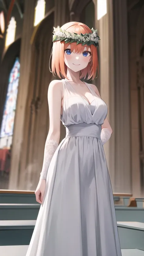 masterpiece, best quality, highres, aayotsuba, short hair, head wreath, bare shoulders, cleavage, white dress, sleeveless dress, detached sleeves, standing, cowboy shot, church, smile,