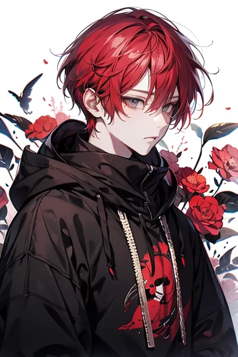 Beautiful young man, red-haired, shoulder length hair, Black mask, Black hoodie,High quality, amount of drawing, pixiv illustration