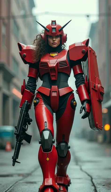 An American woman with a confident and determined expression, wearing robot armor inspired by the Zaku II from the Gundam anime. The armor features a bold red color scheme with black and gray accents, replicating the iconic design of the Zaku II, including...