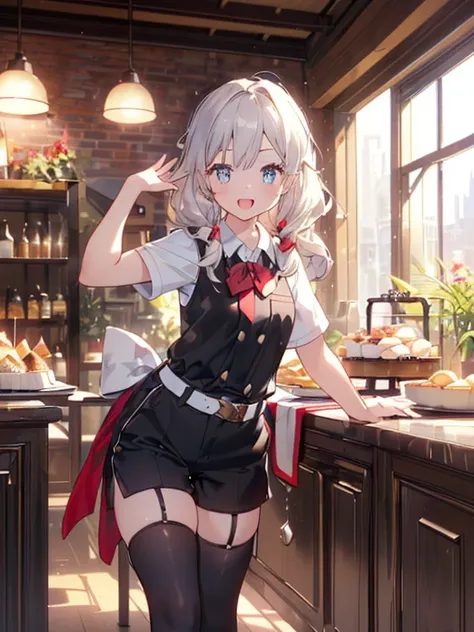 (perky chest:1.2), (pointed chest:1.2),(((Black Tunic:1.3))),(((cakes and bread in the basket),Cute and beautiful girl,(masterpiece), 1girl, solo, adult female, perfect adult female body, (sexy and seductive pose:1.3), bar interior at morning, countertop, ...