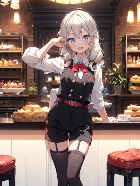 (perky chest:1.2), (pointed chest:1.2),(((Black Tunic:1.3))),(((cakes and bread in the basket),Cute and beautiful girl,(masterpiece), 1girl, solo, adult female, perfect adult female body, (sexy and seductive pose:1.3), bar interior at morning, countertop, ...