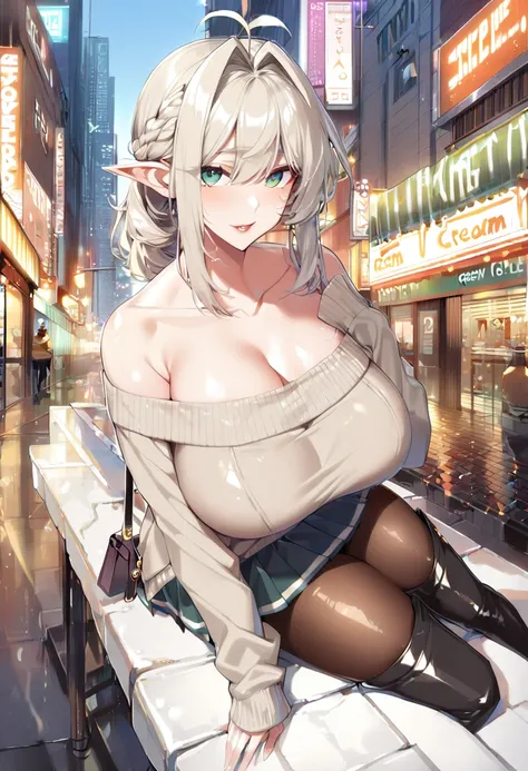 (1girl, solo:1.4), (droopy eyes, emerald eye:1.2), (pointy ears:1.4), (silver blonde hair, braid ponytail, hair intakes, antenna hair:1.4), (milf, mature_lady:1.1), (large breast:1.4), (gleaming skin, shiny skin:1.4), (off-shoulder sweater,long sleeves, sl...